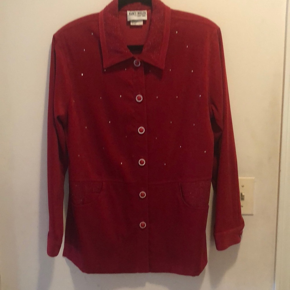 Nancy Bolen Red Button Down Long Sleeve Holiday Top with Rhinestones 
Size M